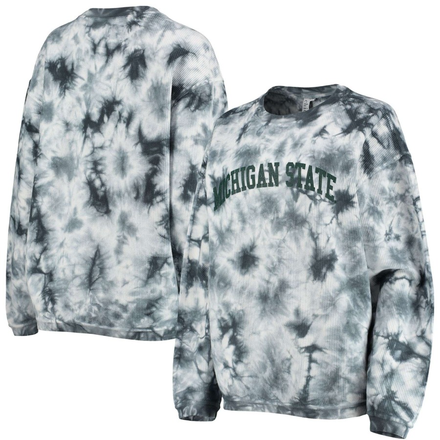 Women * | Bestsellers Women'S Chicka-D White/Charcoal Michigan State Spartans Tie Dye Corded Pullover Sweatshirt