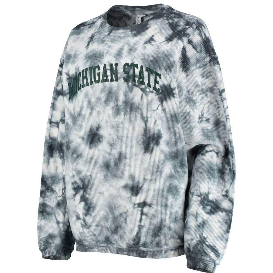 Women * | Bestsellers Women'S Chicka-D White/Charcoal Michigan State Spartans Tie Dye Corded Pullover Sweatshirt