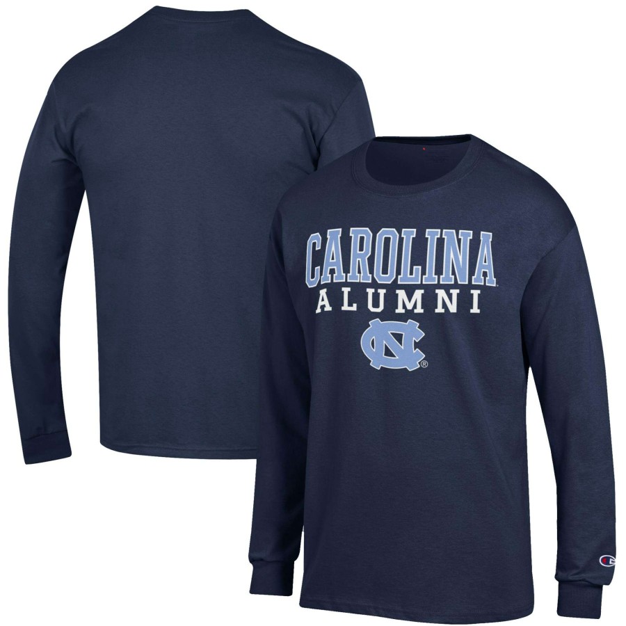 Men * | Online Discount Men'S Champion Navy North Carolina Tar Heels Alumni Logo Stack Long Sleeve T-Shirt