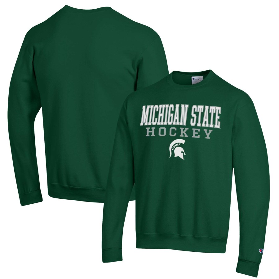 Men * | Limited Edition Men'S Champion Green Michigan State Spartans Stack Logo Hockey Powerblend Pullover Sweatshirt