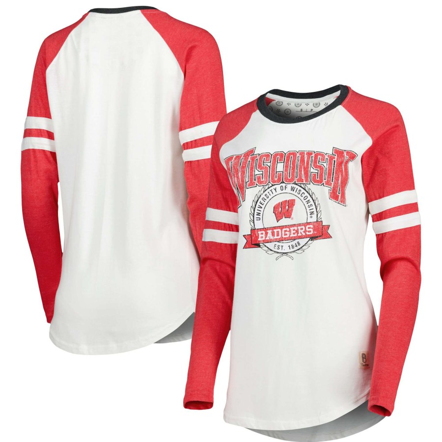 Women * | Limited Edition Women'S Pressbox White/Red Wisconsin Badgers Brooking Sleeve Stripe Raglan Long Sleeve T-Shirt