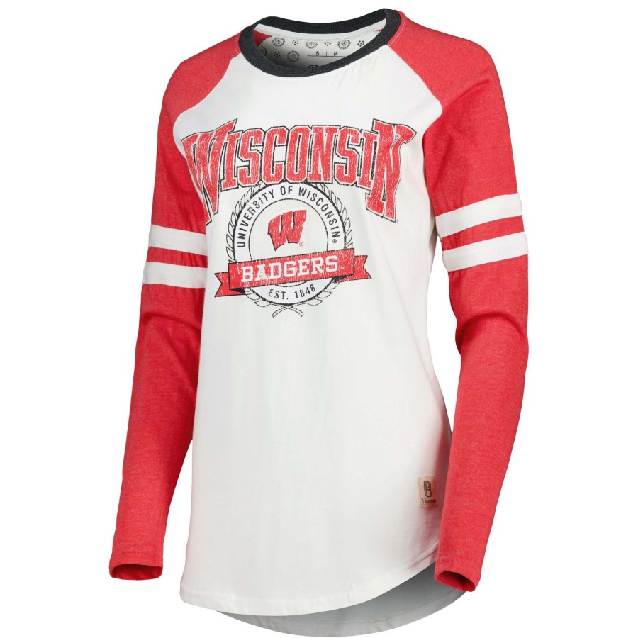 Women * | Limited Edition Women'S Pressbox White/Red Wisconsin Badgers Brooking Sleeve Stripe Raglan Long Sleeve T-Shirt