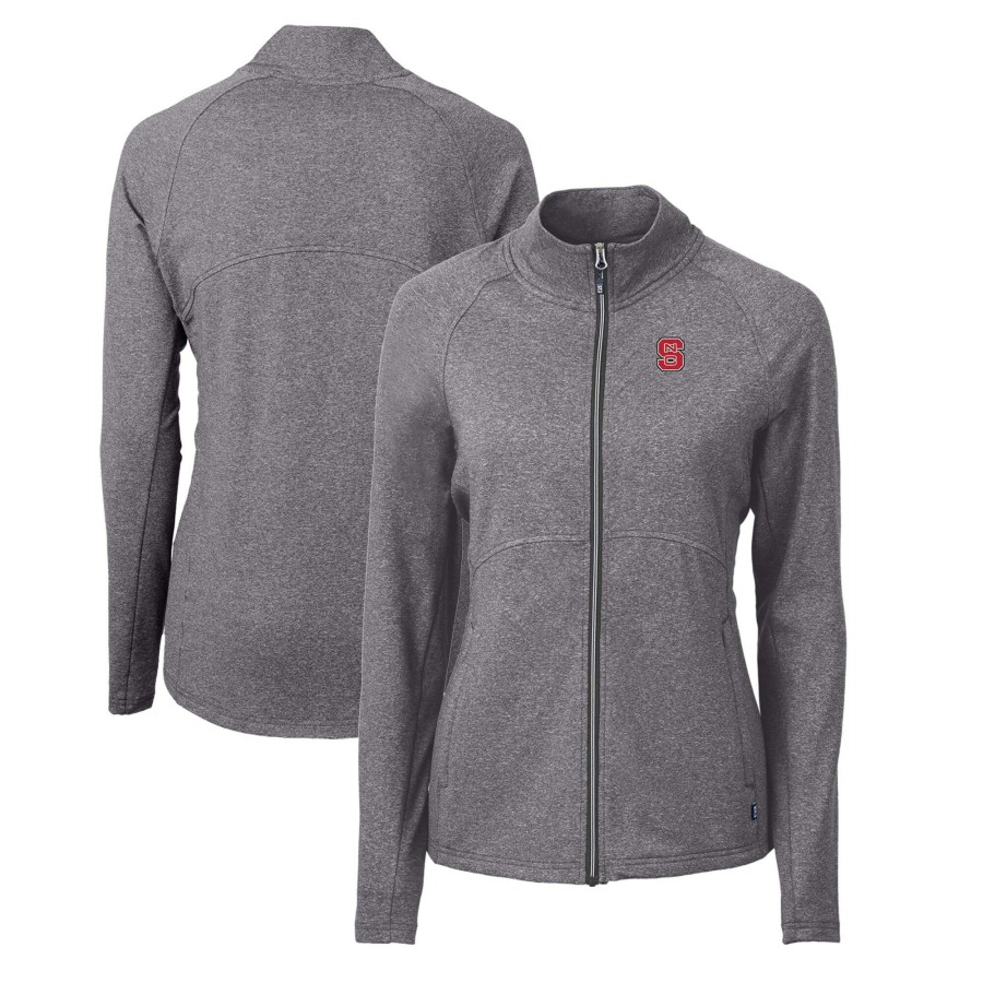 Women * | Hot Sell Women'S Cutter & Buck Heather Black Nc State Wolfpack Adapt Eco Knit Heather Recycled Full-Zip Jacket