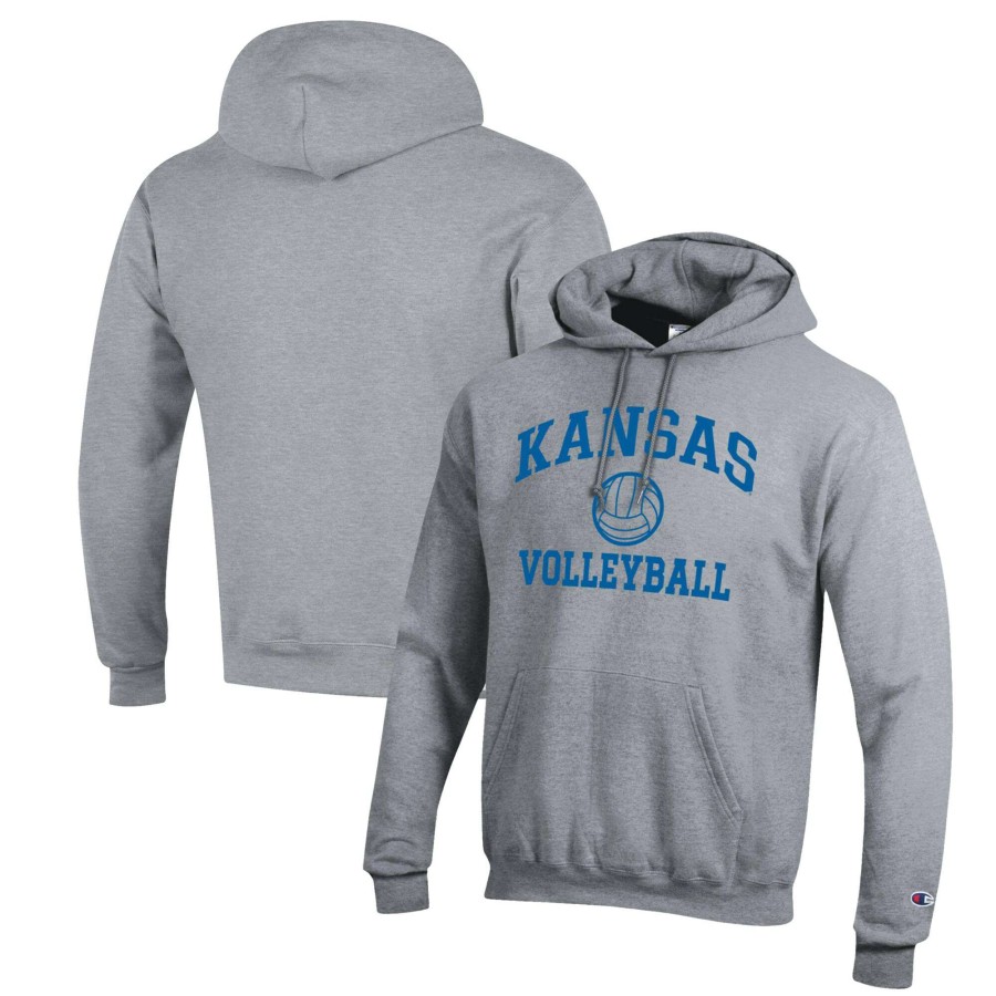 Men * | Clearance Sale Men'S Champion Heather Gray Kansas Jayhawks Volleyball Icon Powerblend Pullover Hoodie