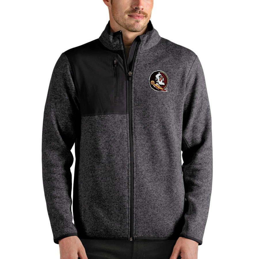 Men * | Clearance Sale Men'S Antigua Heathered Charcoal Florida State Seminoles Fortune Full-Zip Jacket