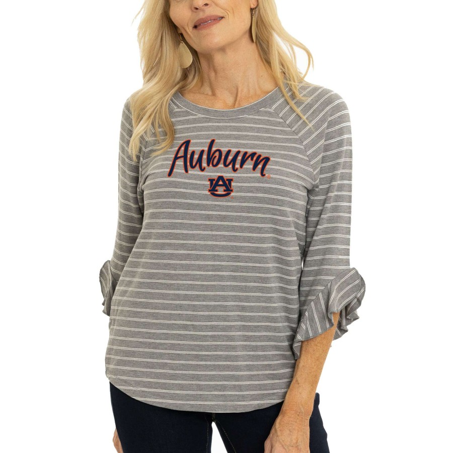 Women * | Hot Sell Women'S Gray Auburn Tigers Renatta Striped Ruffle 3/4-Sleeve T-Shirt