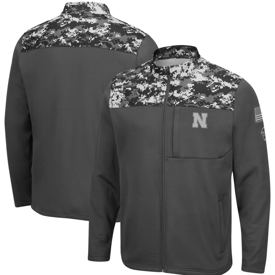 Men * | Good Quality Men'S Colosseum Charcoal Nebraska Huskers Oht Military Appreciation Digi Camo Full-Zip Jacket