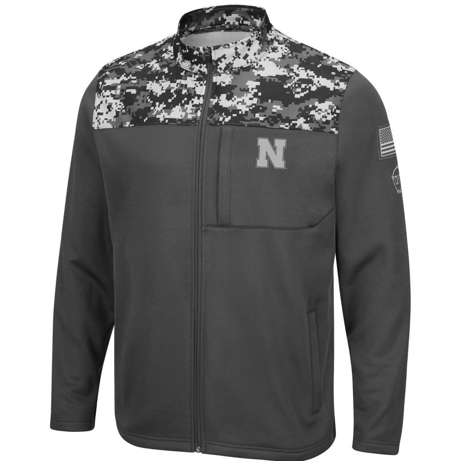 Men * | Good Quality Men'S Colosseum Charcoal Nebraska Huskers Oht Military Appreciation Digi Camo Full-Zip Jacket