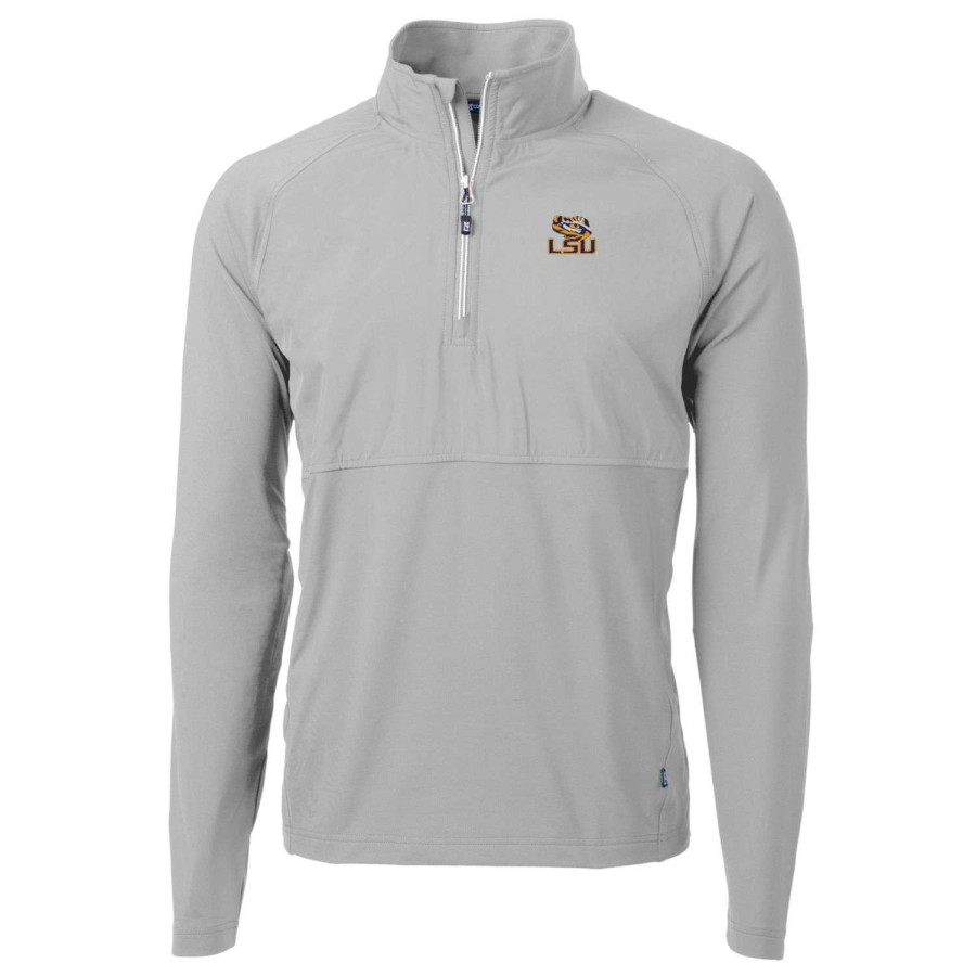 Men * | Hot Sell Men'S Cutter & Buck Silver Lsu Tigers Adapt Eco Knit Hybrid Recycled Quarter-Zip Pullover Top