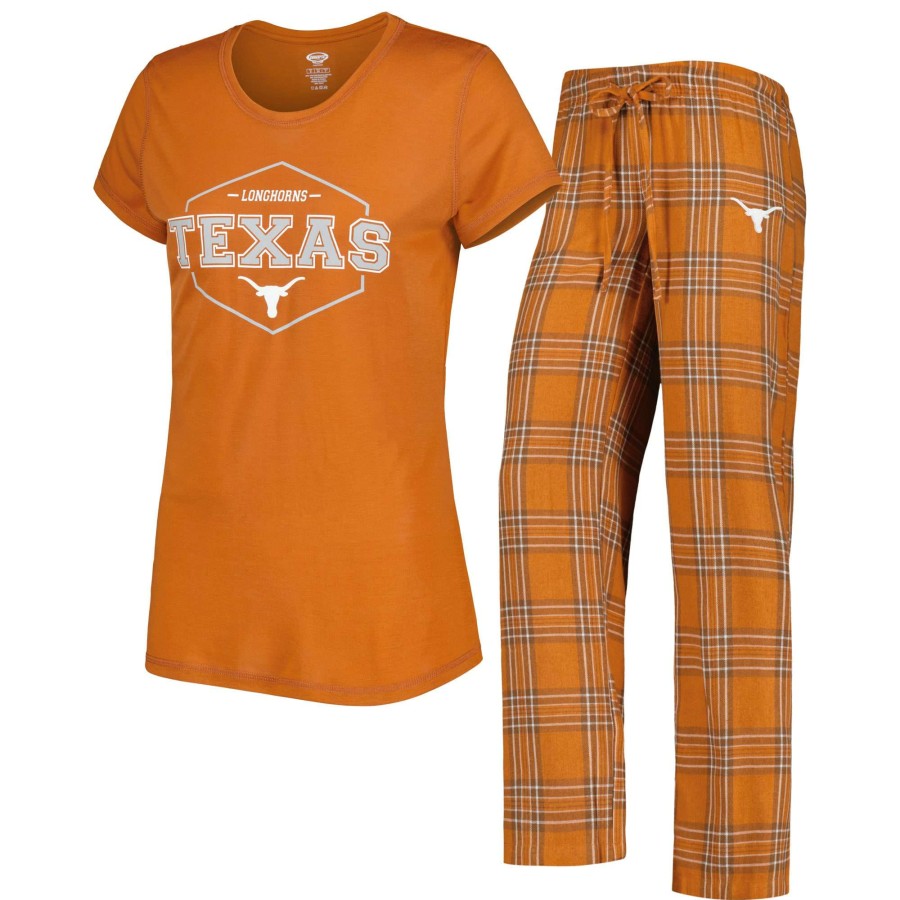 Women * | Online Sales Women'S Concepts Sport Texas Orange/White Texas Longhorns Badge T-Shirt & Flannel Pants Sleep Set