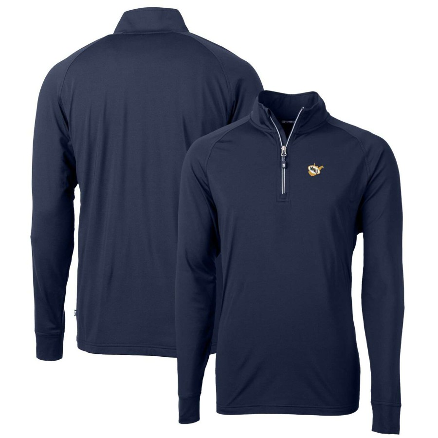 Men * | Clearance Sale Men'S Cutter & Buck Navy West Virginia Mountaineers Adapt Eco Knit Stretch Recycled Quarter-Zip Pullover Top