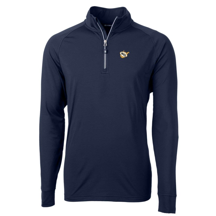 Men * | Clearance Sale Men'S Cutter & Buck Navy West Virginia Mountaineers Adapt Eco Knit Stretch Recycled Quarter-Zip Pullover Top