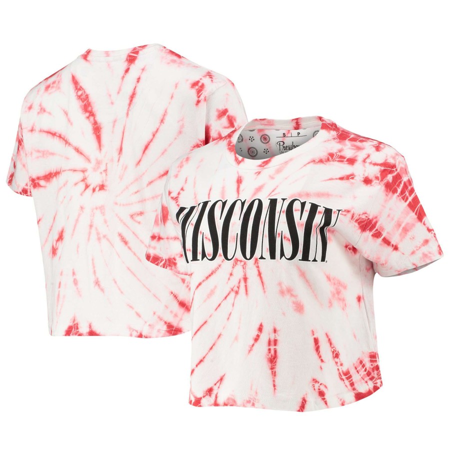 Women * | Discount Store Women'S Pressbox Red Wisconsin Badgers Showtime Tie-Dye Crop T-Shirt