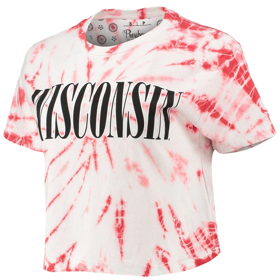 Women * | Discount Store Women'S Pressbox Red Wisconsin Badgers Showtime Tie-Dye Crop T-Shirt