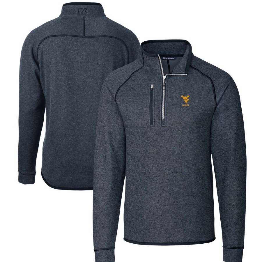 Men * | Sale Online Men'S Cutter & Buck Heather Navy West Virginia Mountaineers Alumni Logo Mainsail Sweater-Knit Half-Zip Pullover Jacket