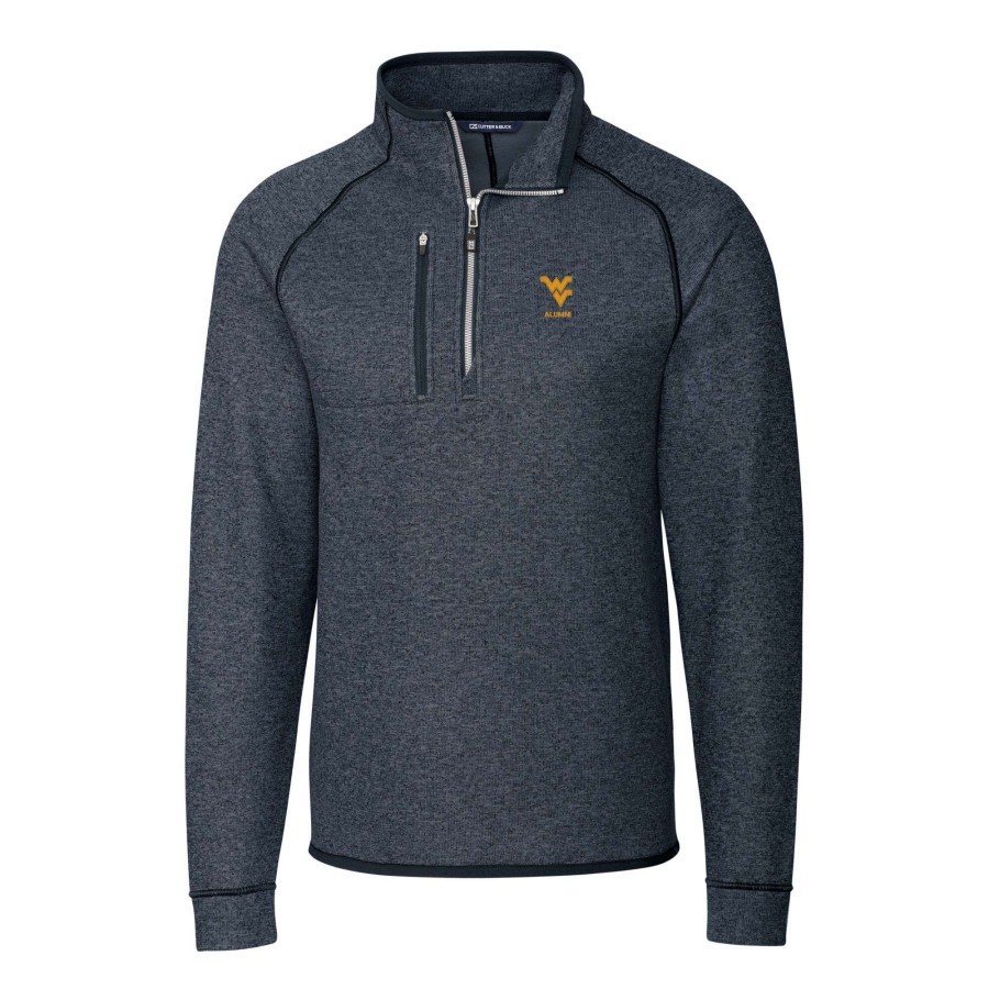 Men * | Sale Online Men'S Cutter & Buck Heather Navy West Virginia Mountaineers Alumni Logo Mainsail Sweater-Knit Half-Zip Pullover Jacket