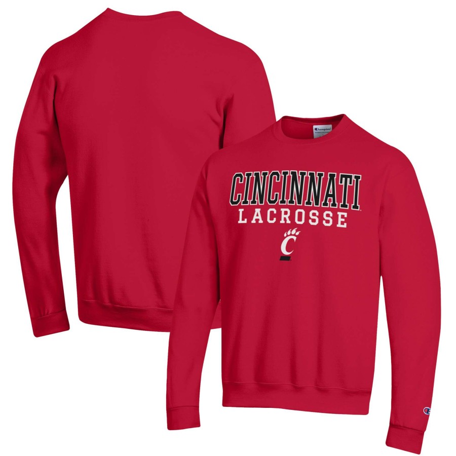 Men * | Clearance Sale Men'S Champion Red Cincinnati Bearcats Stack Logo Lacrosse Powerblend Pullover Sweatshirt