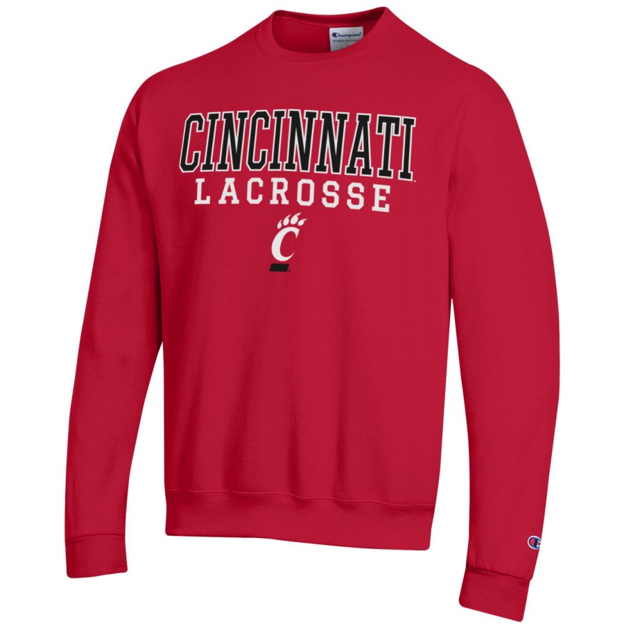 Men * | Clearance Sale Men'S Champion Red Cincinnati Bearcats Stack Logo Lacrosse Powerblend Pullover Sweatshirt