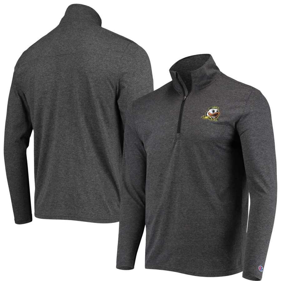 Men * | Online Discount Men'S Champion Heathered Black Oregon Ducks Field Day Team Quarter-Zip Jacket