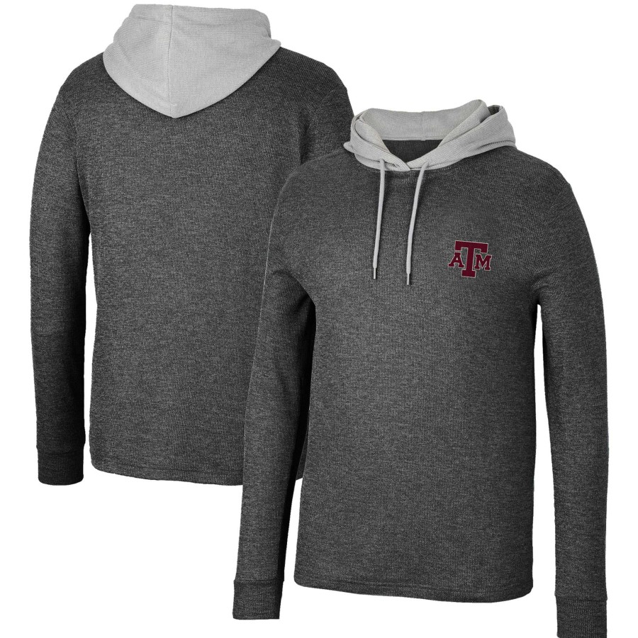 Men * | Limited Edition Men'S Colosseum Black Texas A&M Aggies Ballot Waffle-Knit Thermal Long Sleeve Hoodie T-Shirt