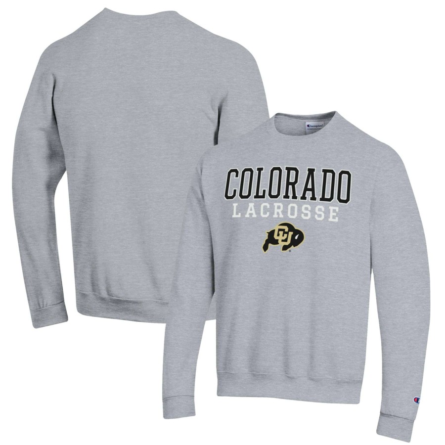 Men * | Bestsellers Men'S Champion Heather Gray Colorado Buffaloes Stack Logo Lacrosse Powerblend Pullover Sweatshirt