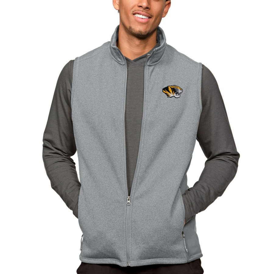 Men * | Best Quality Men'S Antigua Heather Gray Missouri Tigers Course Full-Zip Vest