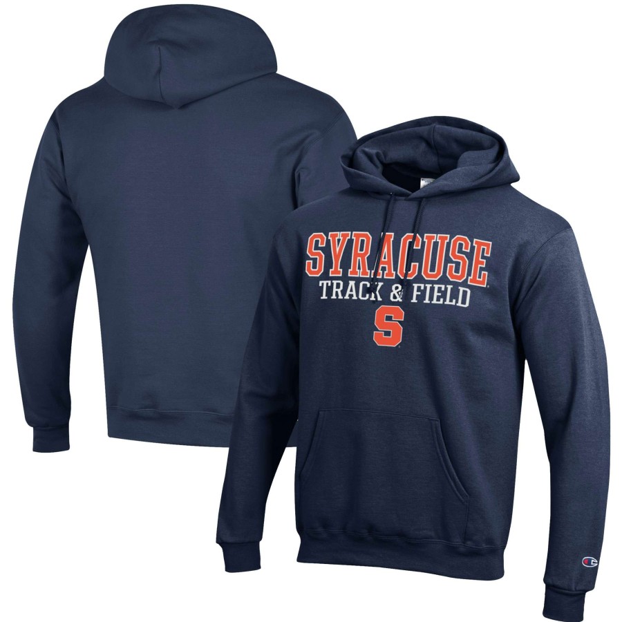 Men * | Online Sales Men'S Champion Navy Syracuse Orange Track & Field Stack Powerblend Pullover Hoodie