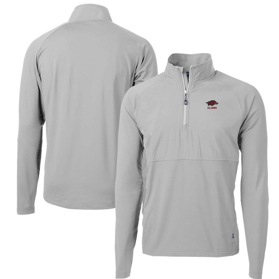 Men * | Tendy Style Men'S Cutter & Buck Gray Arkansas Razorbacks Alumni Logo Adapt Eco Knit Hybrid Recycled Quarter-Zip Pullover Top