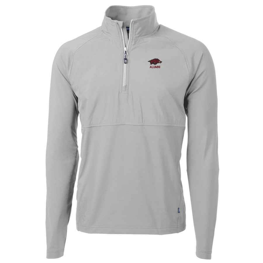 Men * | Tendy Style Men'S Cutter & Buck Gray Arkansas Razorbacks Alumni Logo Adapt Eco Knit Hybrid Recycled Quarter-Zip Pullover Top