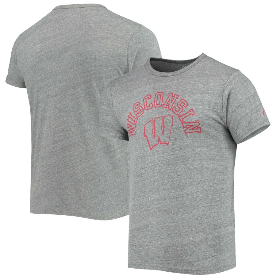 Men * | Original Men'S League Collegiate Wear Heathered Gray Wisconsin Badgers Tide Seal Nuevo Victory Falls Tri-Blend T-Shirt