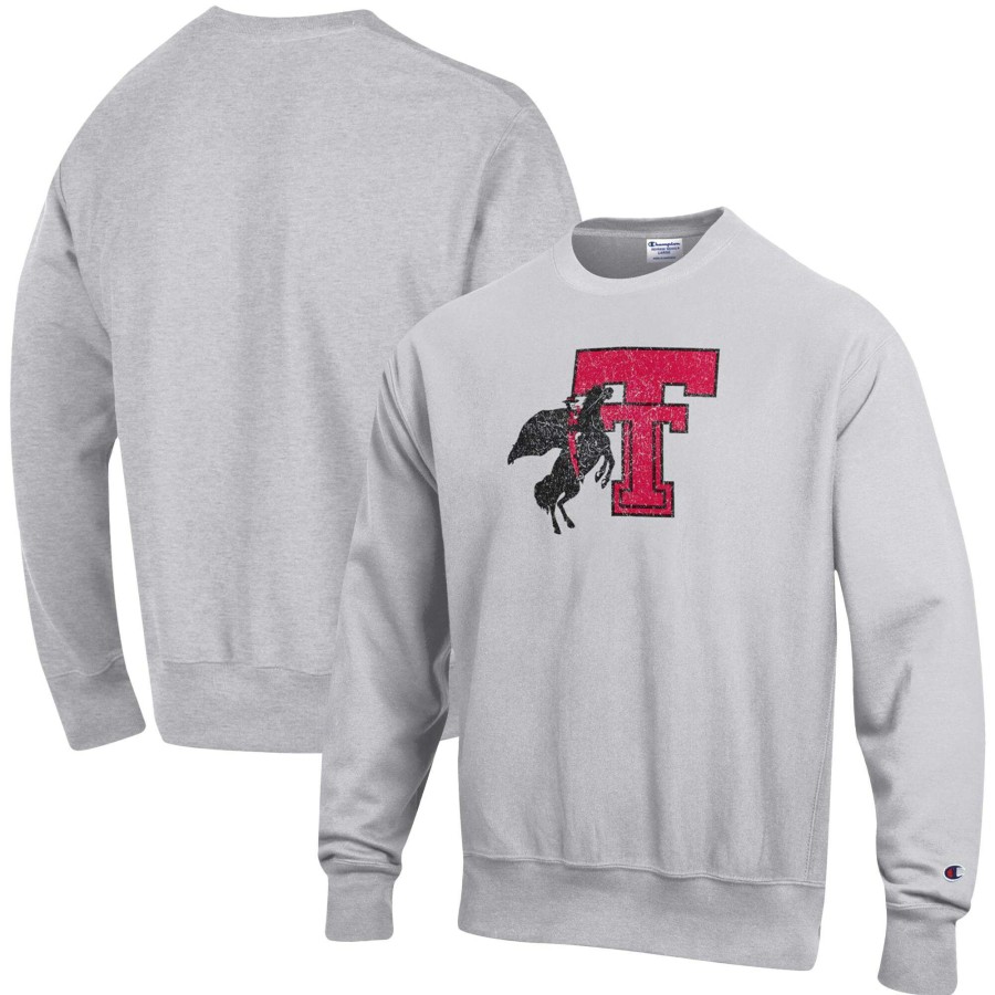 Men * | Discount Store Men'S Champion Heathered Gray Texas Tech Red Raiders Vault Logo Reverse Weave Pullover Sweatshirt