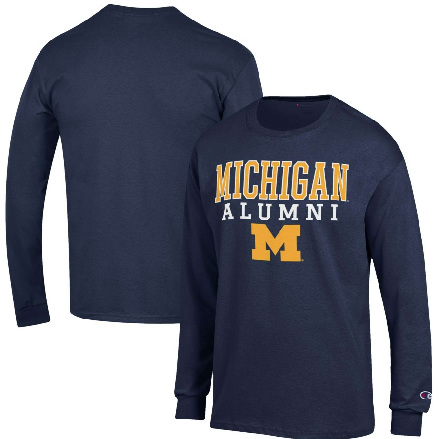 Men * | Hot Sell Men'S Champion Navy Michigan Wolverines Alumni Logo Stack Long Sleeve T-Shirt