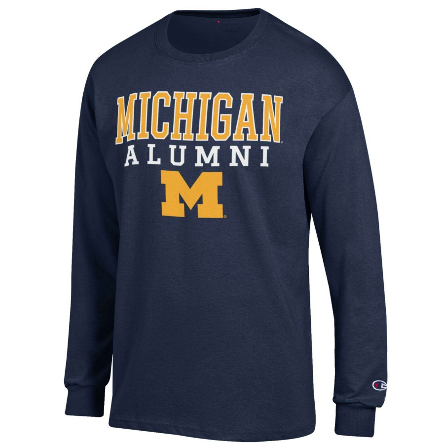 Men * | Hot Sell Men'S Champion Navy Michigan Wolverines Alumni Logo Stack Long Sleeve T-Shirt