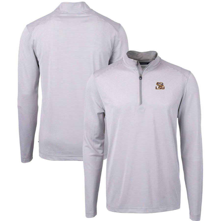 Men * | Sale Online Men'S Cutter & Buck Gray/White Lsu Tigers Big & Tall Virtue Eco Pique Micro Stripe Recycled Quarter-Zip Pullover Top