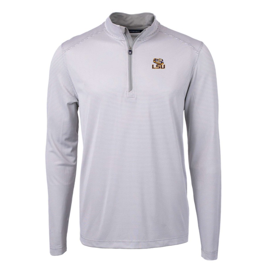 Men * | Sale Online Men'S Cutter & Buck Gray/White Lsu Tigers Big & Tall Virtue Eco Pique Micro Stripe Recycled Quarter-Zip Pullover Top