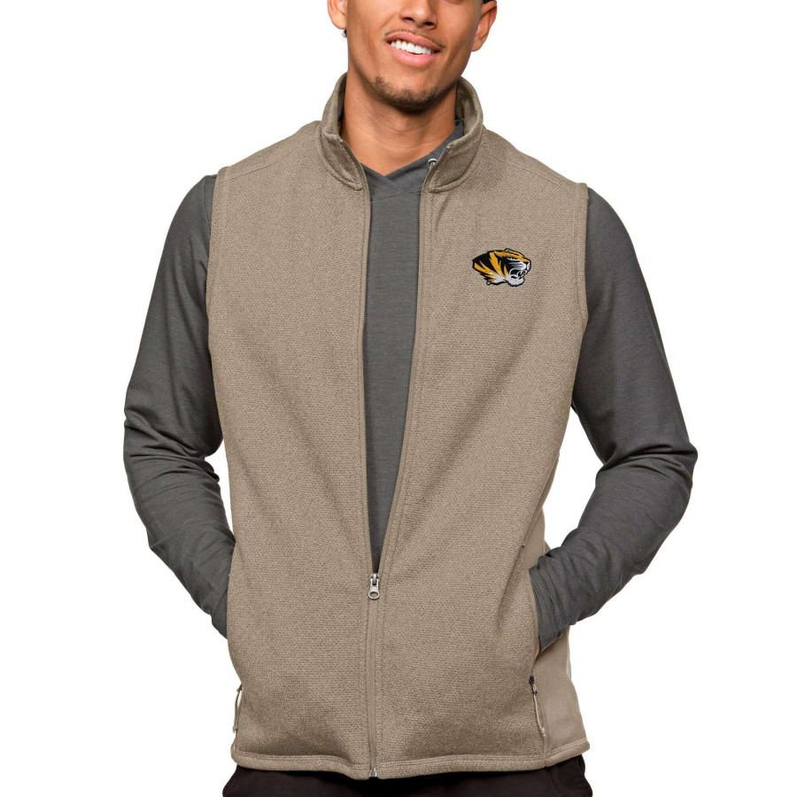 Men * | Best Sellers Men'S Antigua Oatmeal Missouri Tigers Course Full-Zip Vest