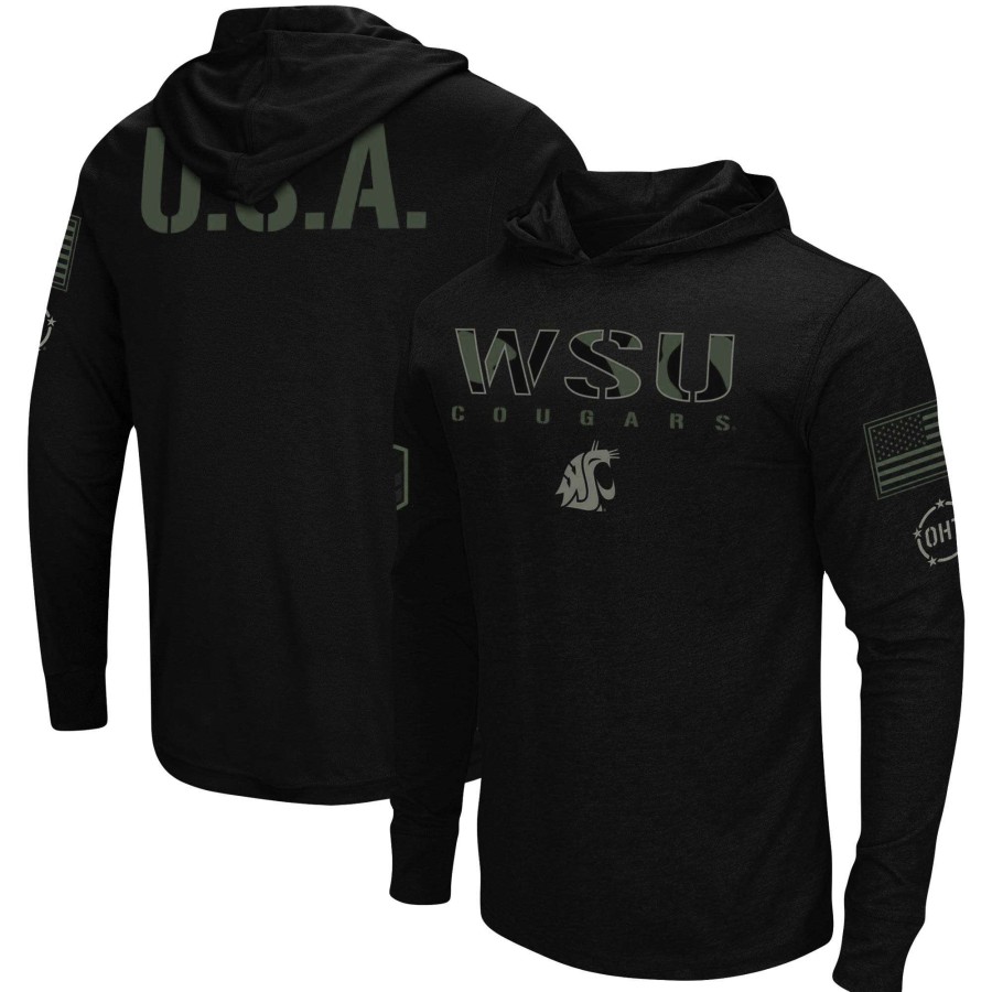 Men * | Clearance Sale Men'S Colosseum Black Washington State Cougars Oht Military Appreciation Hoodie Long Sleeve T-Shirt