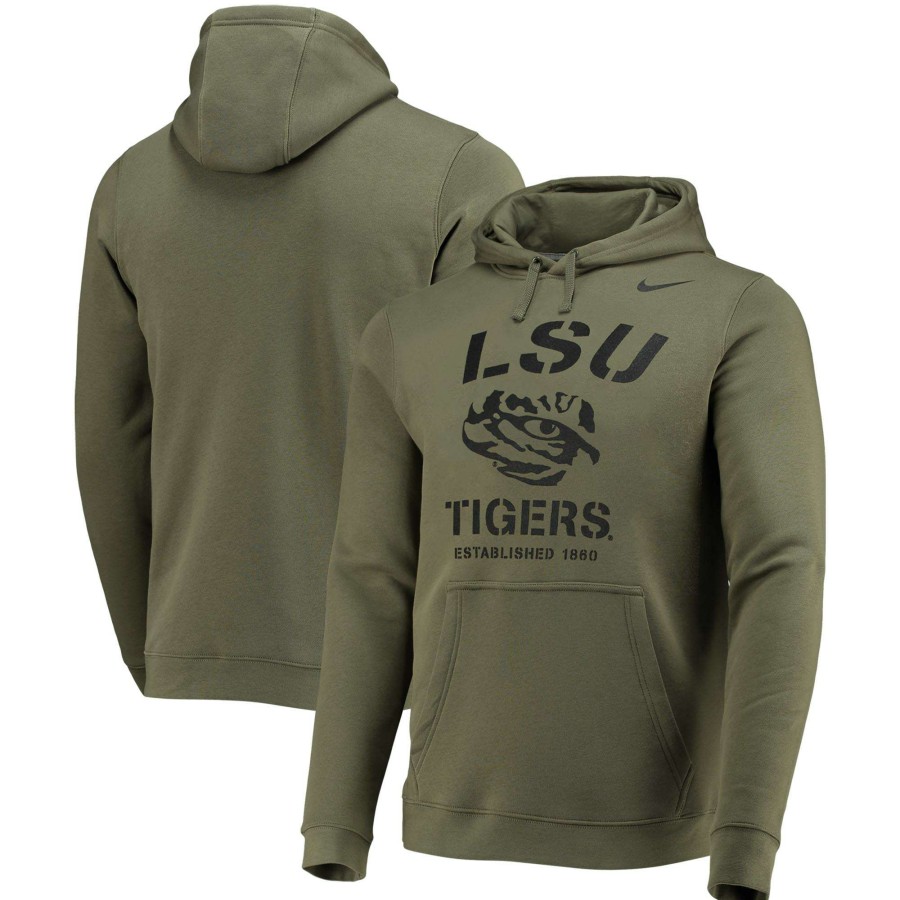 Men * | Clearance Sale Men'S Nike Olive Lsu Tigers Stencil Arch Club Fleece Pullover Hoodie