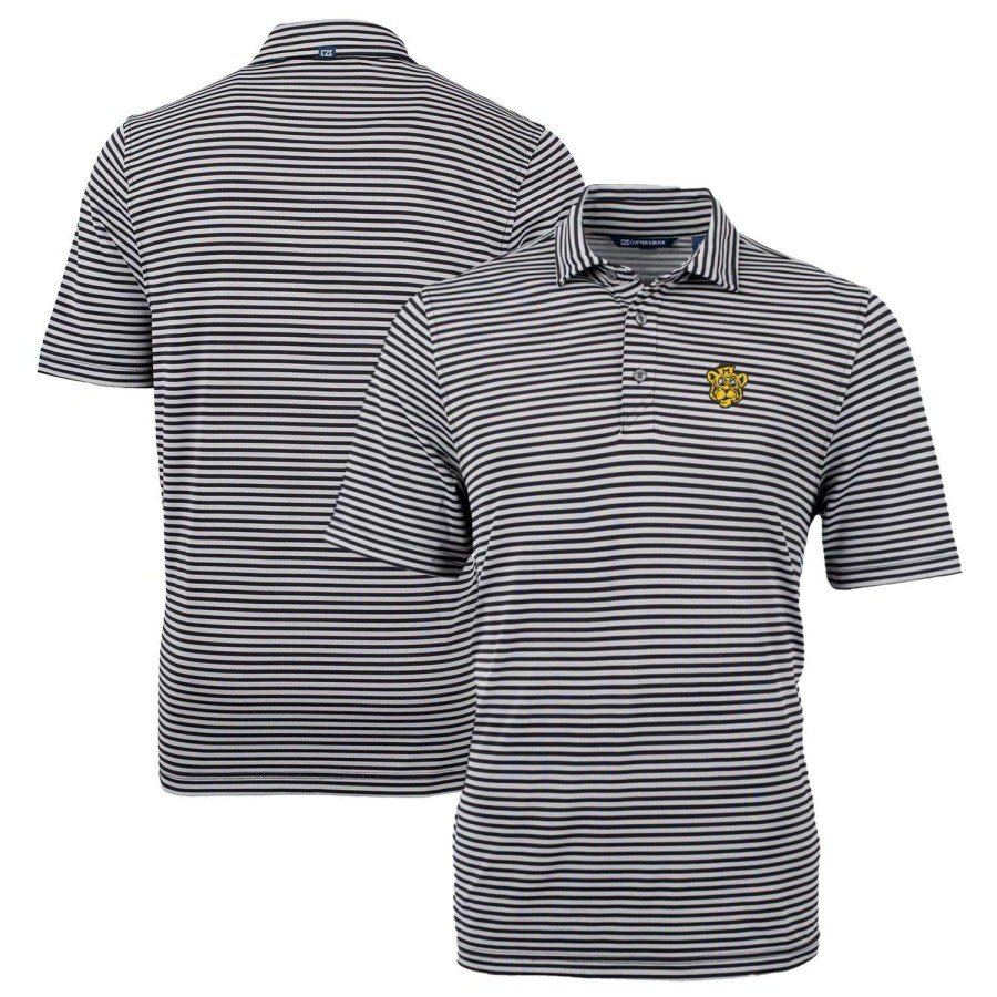 Men * | Sale Online Men'S Cutter & Buck Black Missouri Tigers Big & Tall Team Logo Virtue Eco Pique Stripe Recycled Polo