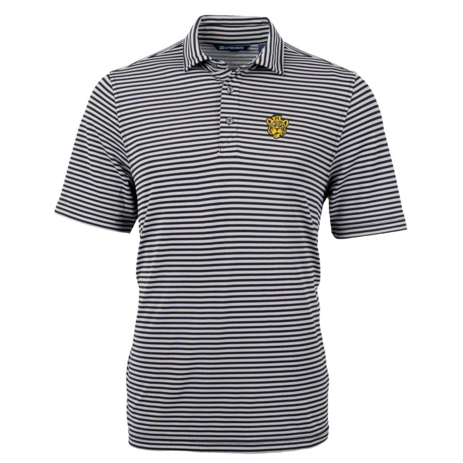 Men * | Sale Online Men'S Cutter & Buck Black Missouri Tigers Big & Tall Team Logo Virtue Eco Pique Stripe Recycled Polo