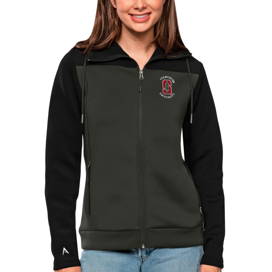 Women * | Clearance Sale Women'S Antigua Black/Charcoal Stanford Cardinal Protect Full-Zip Jacket