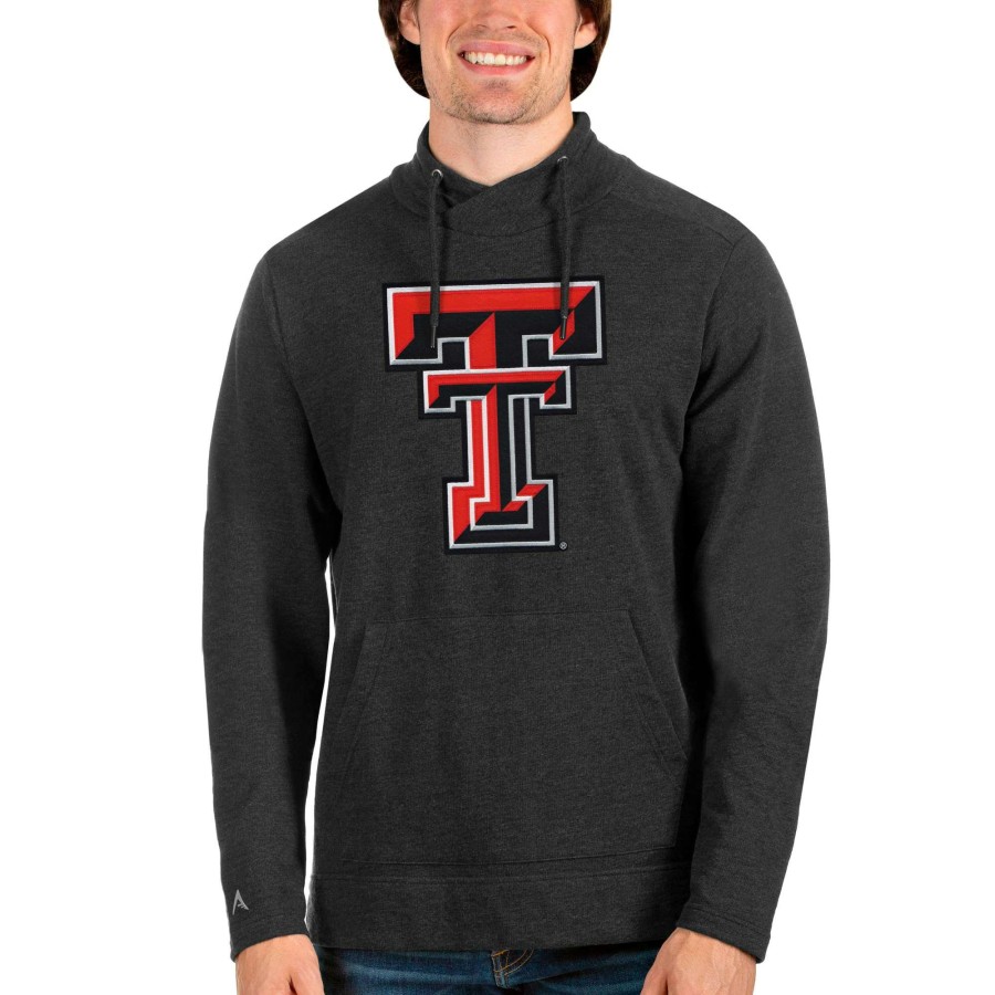 Men * | Clearance Sale Men'S Antigua Heathered Black Texas Tech Red Raiders Team Logo Reward Crossover Neckline Pullover Sweatshirt