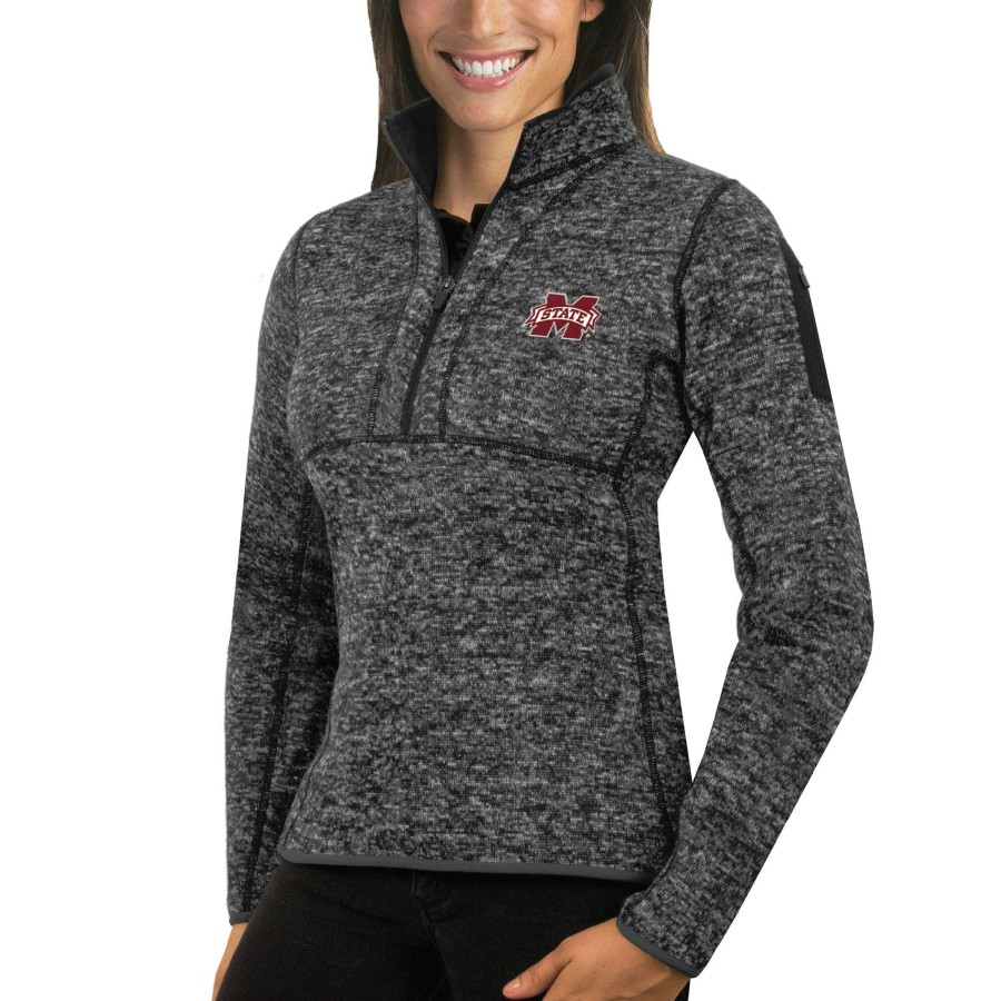 Women * | Online Discount Women'S Antigua Charcoal Mississippi State Bulldogs Fortune 1/2-Zip Pullover Sweater