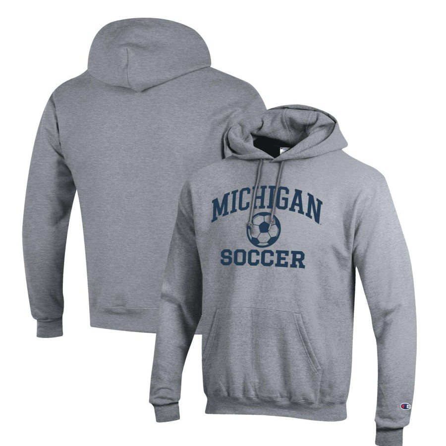 Men * | Clearance Sale Men'S Champion Gray Michigan Wolverines Soccer Icon Powerblend Pullover Hoodie