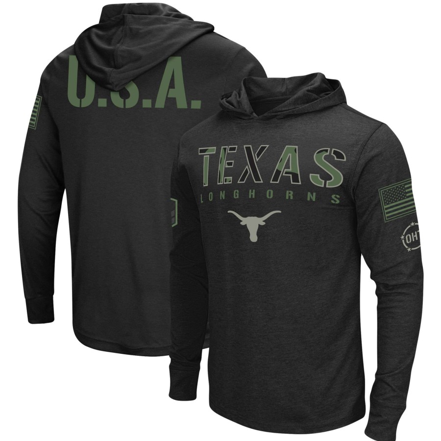 Men * | Tendy Style Men'S Colosseum Black Texas Longhorns Oht Military Appreciation Hoodie Long Sleeve T-Shirt