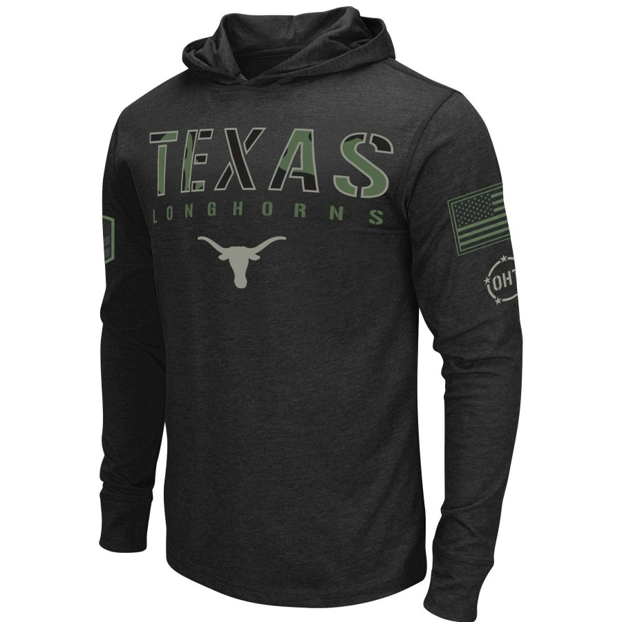 Men * | Tendy Style Men'S Colosseum Black Texas Longhorns Oht Military Appreciation Hoodie Long Sleeve T-Shirt