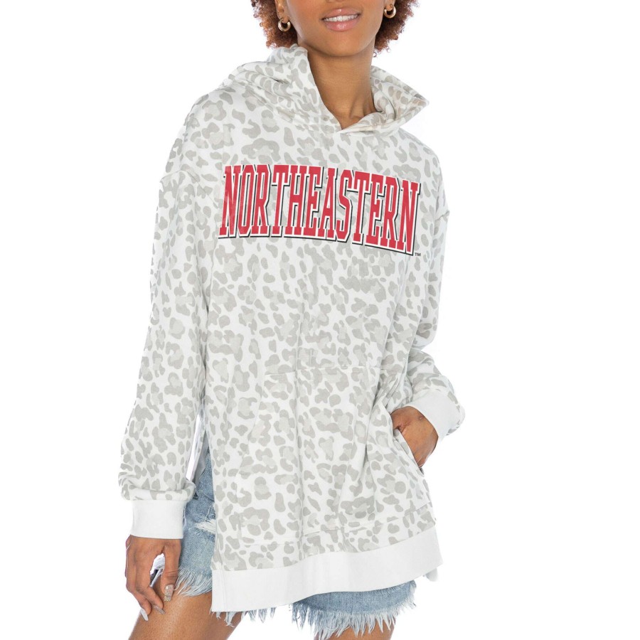 Women * | Reliable Quality Women'S Gameday Couture White Northeastern Huskies Home Team Advantage Leopard Print Oversized Side-Slit Pullover Hoodie