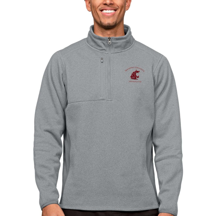 Men * | Reliable Quality Men'S Antigua Heather Gray Washington State Cougars Course Quarter-Zip Pullover Top