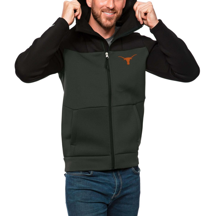 Men * | Limited Edition Men'S Antigua Black/Charcoal Texas Longhorns Protect Full-Zip Hoodie