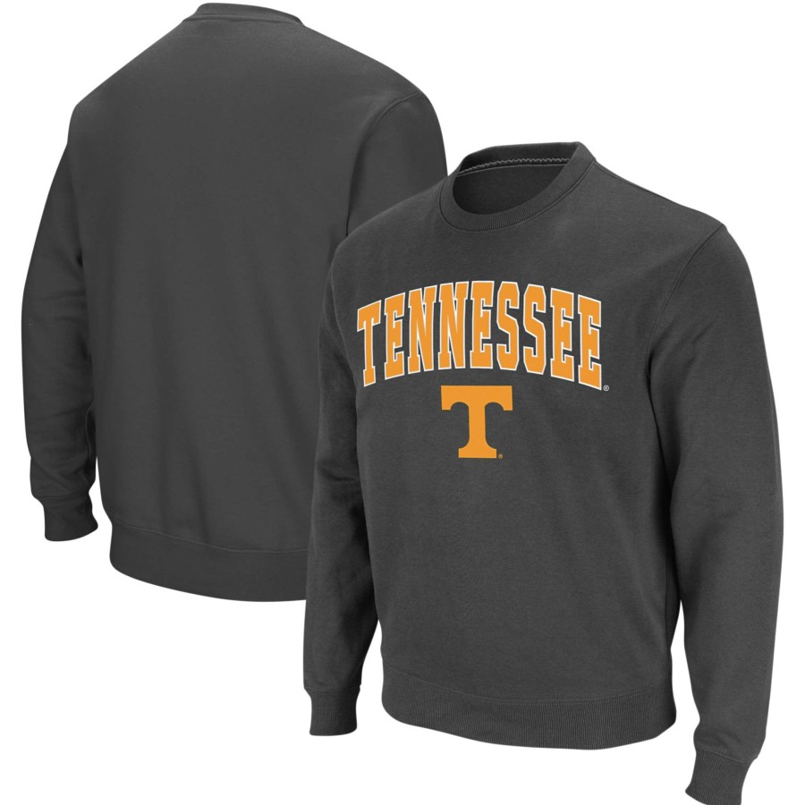 Men * | Online Discount Men'S Colosseum Charcoal Tennessee Volunteers Arch & Logo Crew Neck Sweatshirt